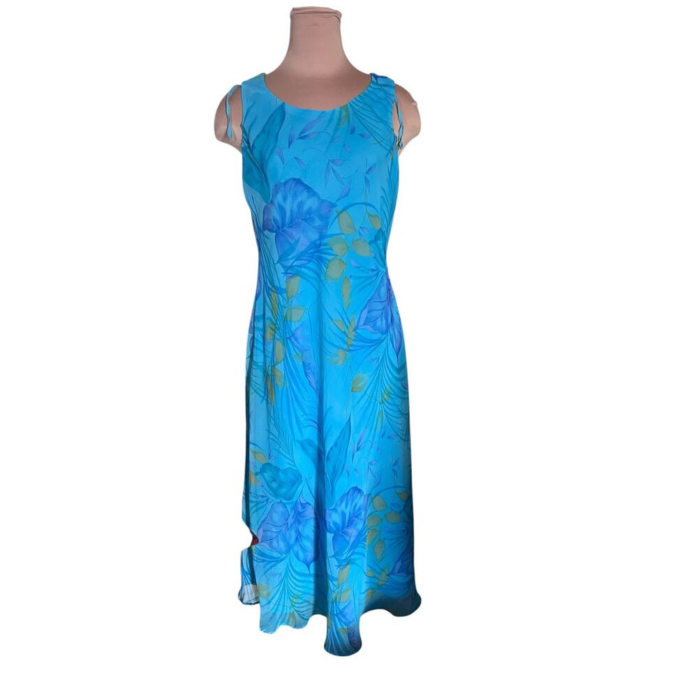 Studio I Blue Floral Midi Dress Size14 Sheer Overlay Tropical summerLightweight